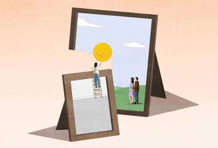 Illustration of two picture frames with a couple in one and a care给r in another repairing the sun